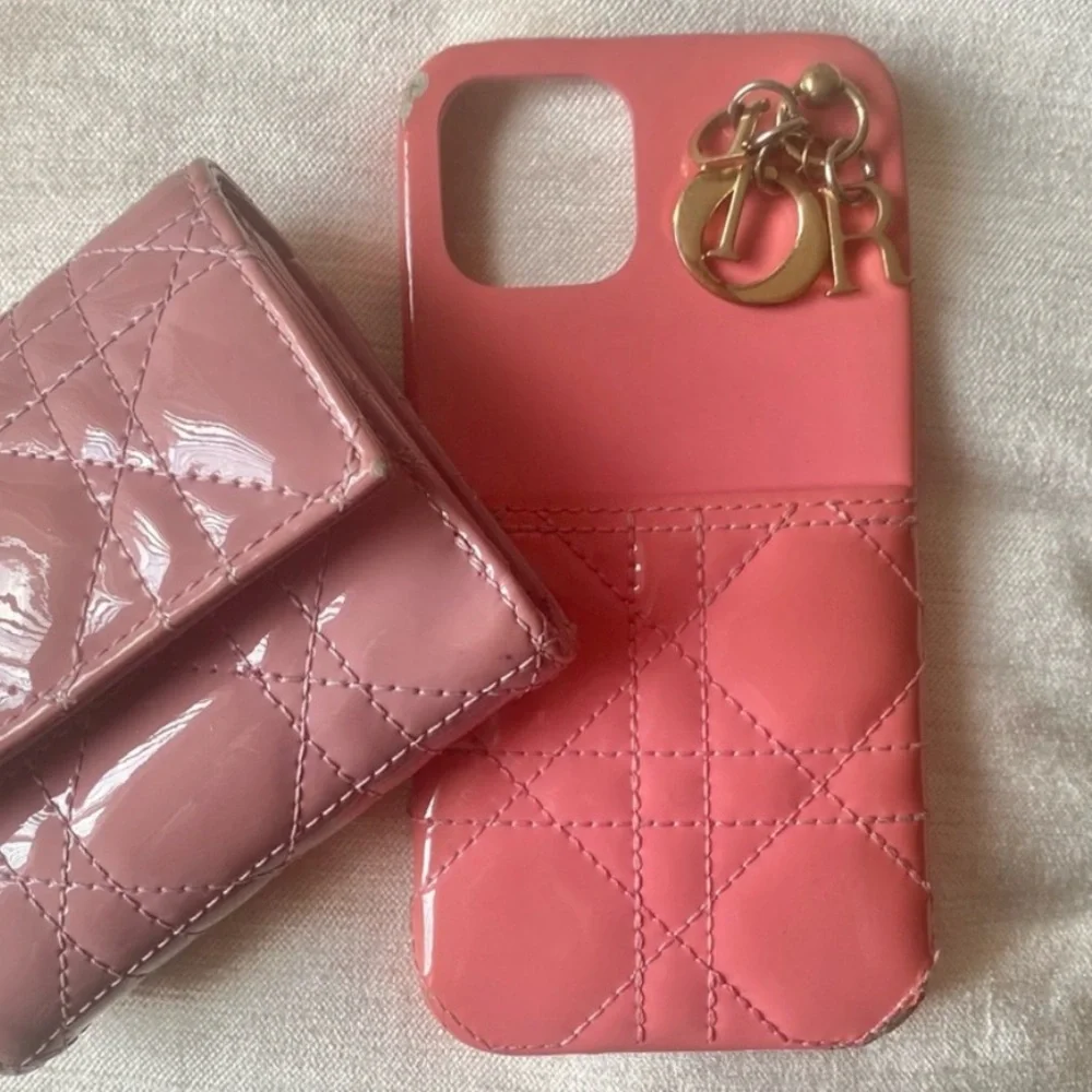 DIOR Lady Dior Lambskin Quilted Leather iPhone 14 Phone Case w/ Logo Charm Pink